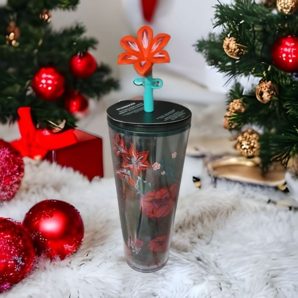 🆕Starbucks 2022 Holiday Enchanted Forest Poinsettia Tumbler Flower Straw Topper